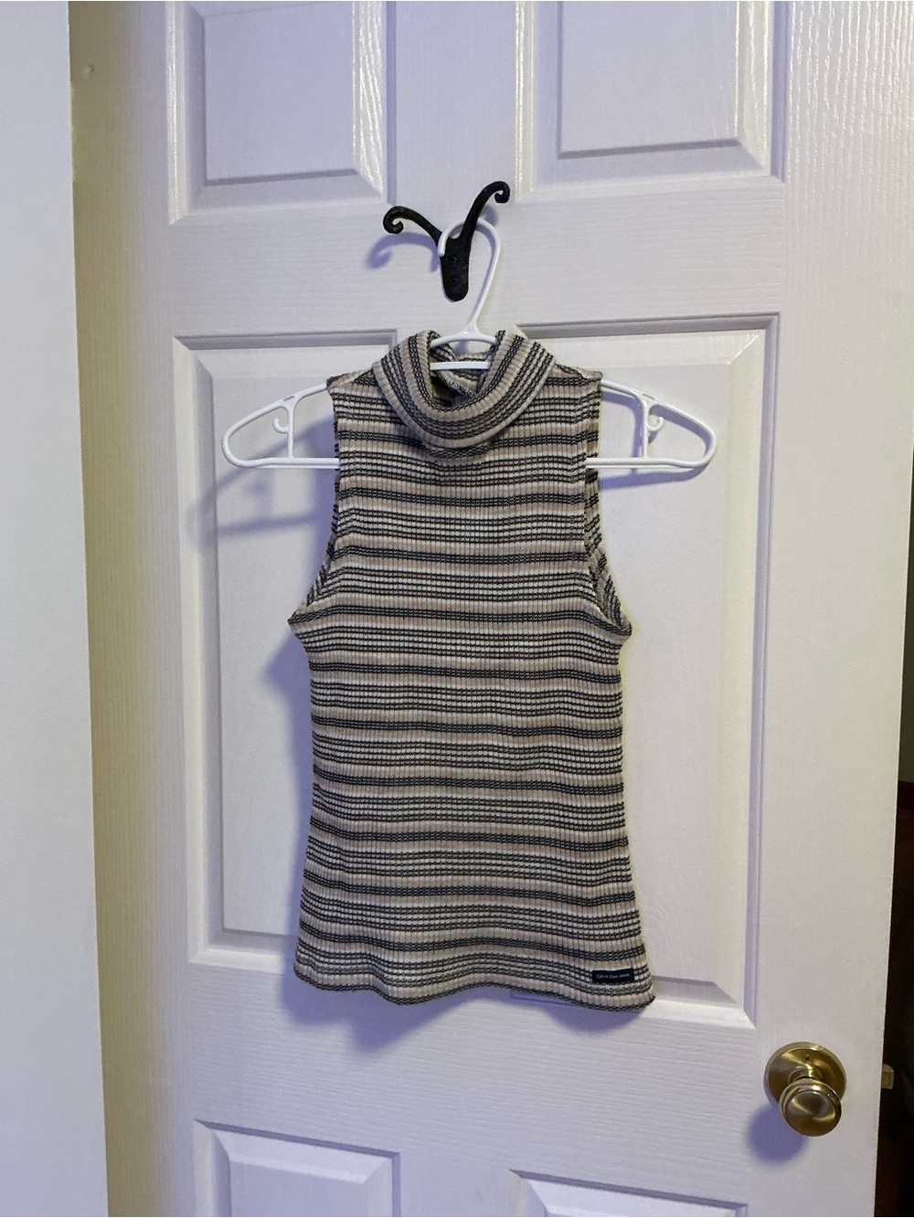 Calvin Klein jeans Sleeveless Turtleneck Ribbed Stripe Top - Black & White
